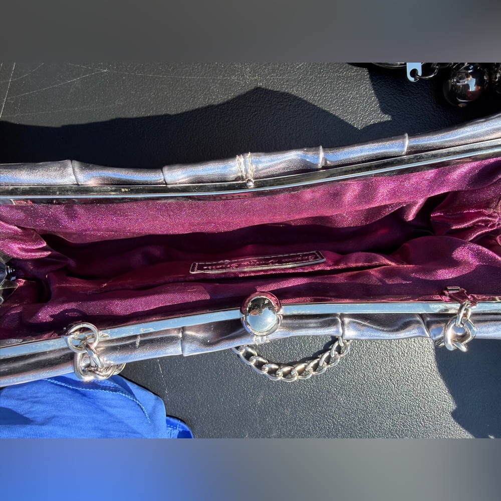 Shimmer Metallic Silver Shoulder Clutch with Chain Strap - Picture 2 of 2